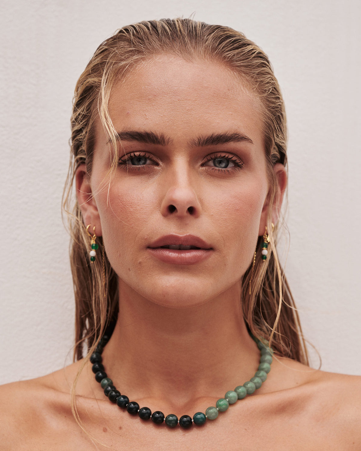 The Amelia Beaded Necklace, Thread Earrings & Luna Huggies Stack